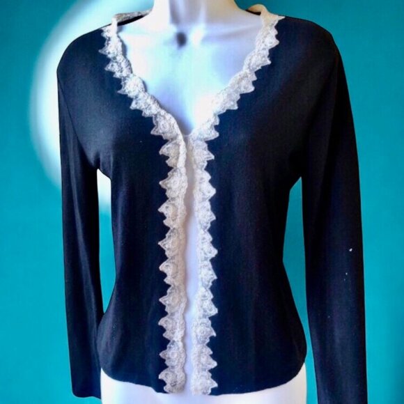Blugirl Blumarine Black Cardigan Sweater Lace Trim Italian Designer Womens 6 - Picture 4 of 13